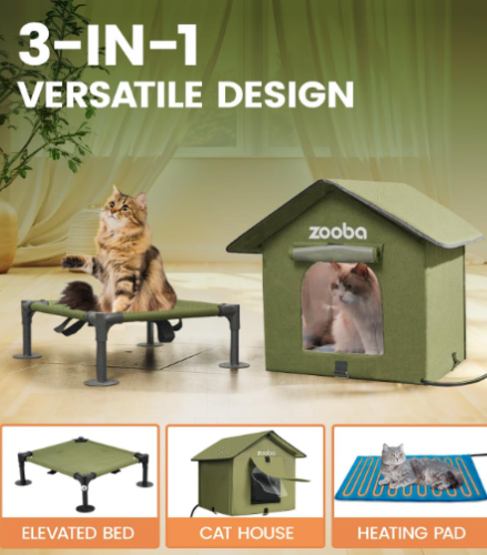 Heated Cat House for Outside Weatherproof: 3-in-1 Cat Shelter, Elevated Bed, Heating Pad Adjustable - Large Outdoor Insulated Feral CatHouse Waterproof - 2 Curtains Windproof in Winter 21x18x25