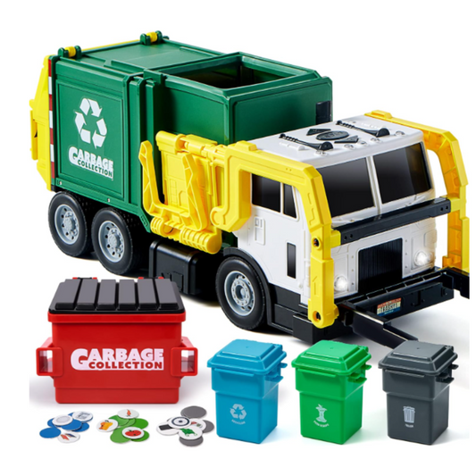 Large Friction Powered Garbage Truck Toy Set, Includes Dumpster, Trash Bins, and Learning Cards for Kids