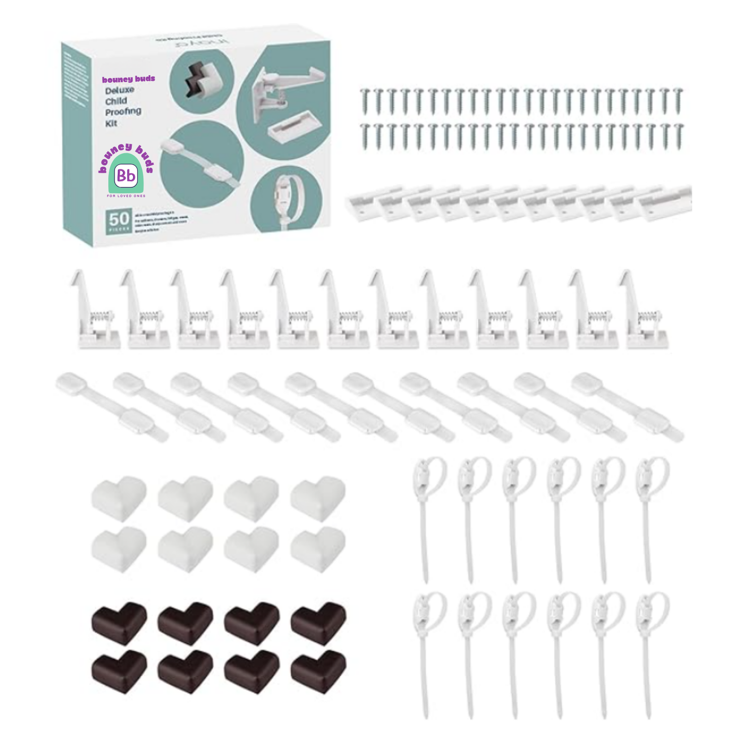 Bouncy Buds Complete 50pc Deluxe Baby Proofing Kit - Flexible Hidden Baby Locks for Cabinets and Drawers, Adjustable Child Safety Latches, Corner Guards & Furniture Anchors