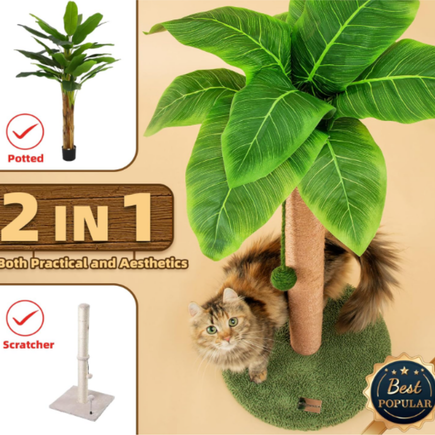 Cat Scratching Post Cat Scratcher 33 inch Tall Scratching Post with Sisal Rope for Indoor Cats Large Cat Scratching Post sisal cat Scratcher Cute for Kitten Scratching Post Green