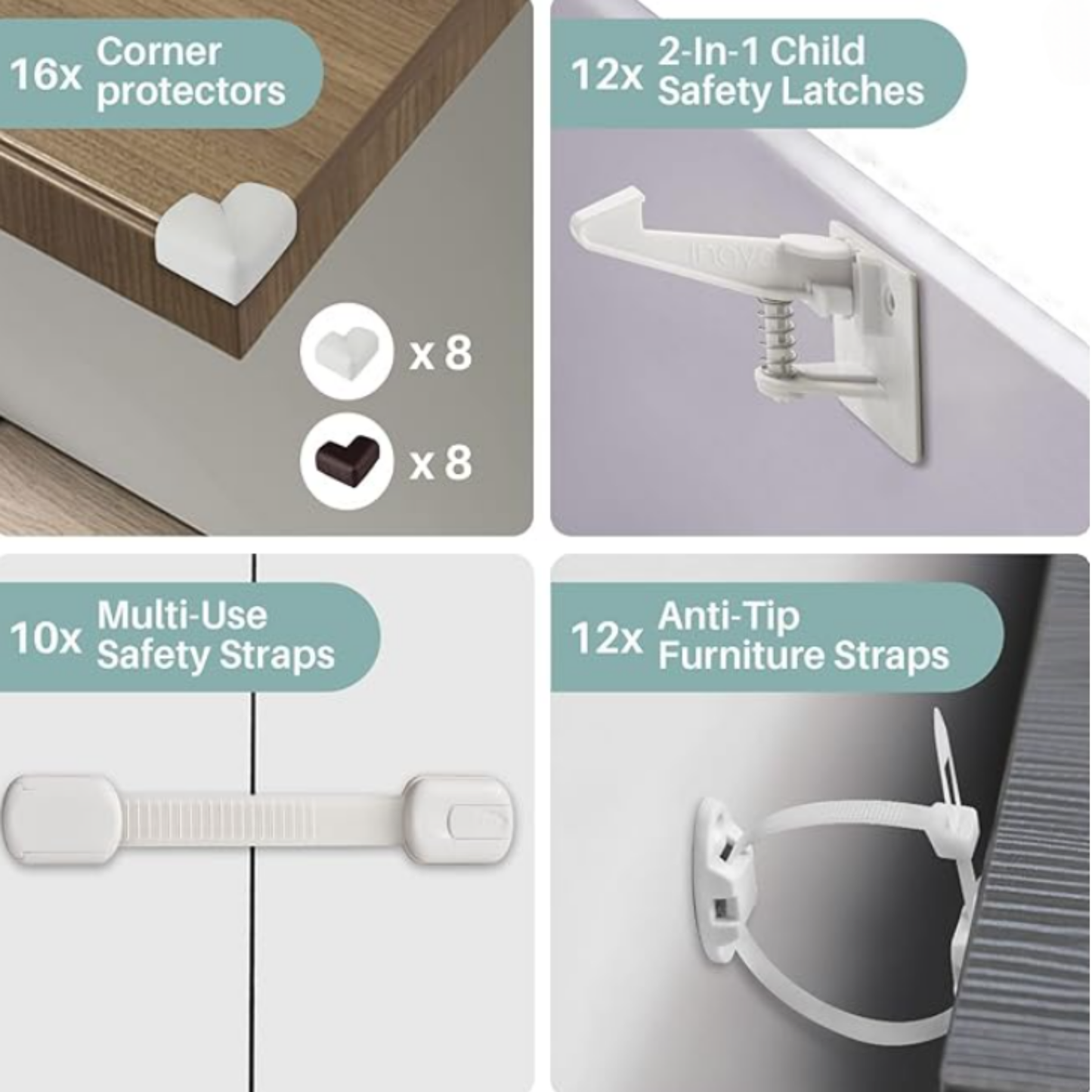 Bouncy Buds Complete 50pc Deluxe Baby Proofing Kit - Flexible Hidden Baby Locks for Cabinets and Drawers, Adjustable Child Safety Latches, Corner Guards & Furniture Anchors