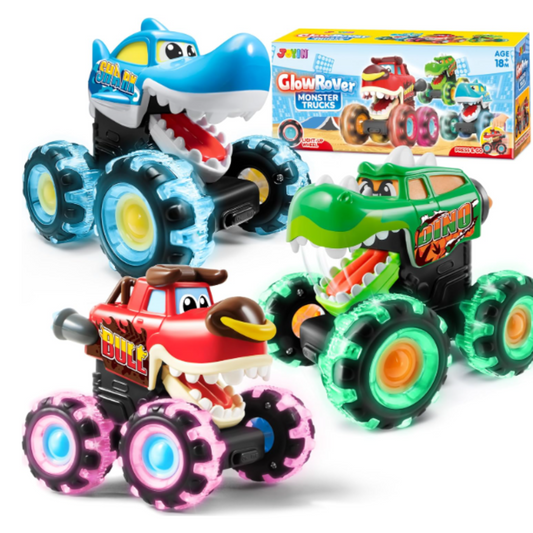 3 Pack Monster Truck Toy - Motion Activated Light-Up Cars for Toddlers - Monster Treads Lightning Wheels - Baby Toy Present - Press & Go Cars for Boys Girls