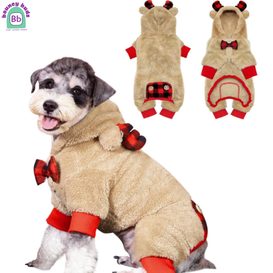 Dog Pajamas Reindeer Christmas with Bowtie Red Buffalo Check Dog Sweater Dog Pjs for Small Dogs Pet Pajamas Plaid Dog Clothes Dog Christmas Outfit