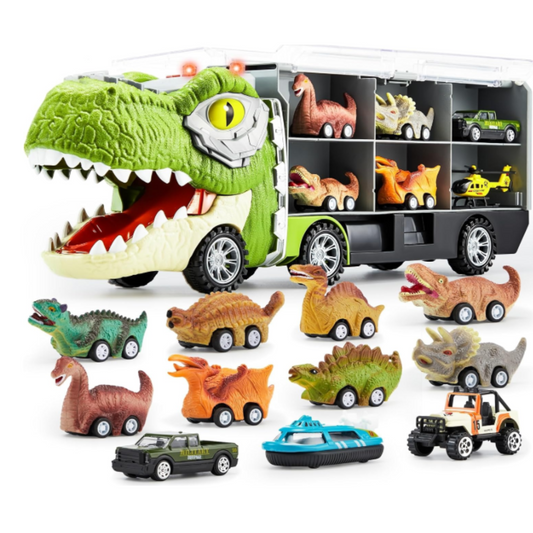 13 in 1 Dinosaur Toys for Kids 3-5, Dinosaur Truck with 12 Pull Back Cars, Dinosaur Cars Set, Birthday Gifts Toys for 3 4 5+ Year Old Boy, Transport Carrier Truck for Toddlers 3-4 Years