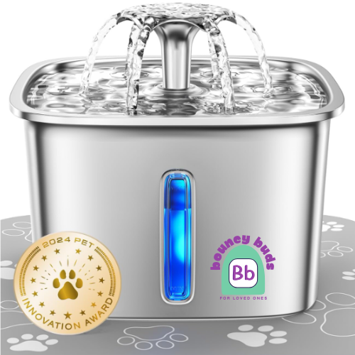 Award Winner Stainless Steel Cat Water Fountain, 95oz/2.8L Automatic Pet Fountain Dog Water Dispenser with Replacement Filters & Silicone Mat for Cats, Dogs, Multiple Pets (Silver)