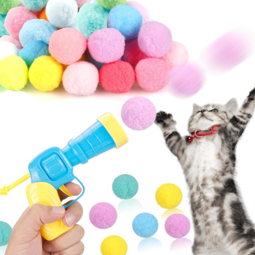 31Pcs Cat Ball Toy Launcher Gun, Cat Balls Fetch Toy, 30Pcs Plush Fuzzy Balls Launcher Cat Toy for Cats with 1 Gun, Funny Interactive Cat Toys for Bored Indoor Adult Cats, Cute Kitten Kitty Toys