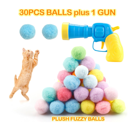 31Pcs Cat Ball Toy Launcher Gun, Cat Balls Fetch Toy, 30Pcs Plush Fuzzy Balls Launcher Cat Toy for Cats with 1 Gun, Funny Interactive Cat Toys for Bored Indoor Adult Cats, Cute Kitten Kitty Toys