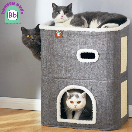 BOUNCY BUD'S -Storey Cat House for Indoor Cats Bed, Covered Cat Beds & Furniture with Scratch Pad and Hideaway Cave, Cute Modern Cat Condo for Multi Small Pet Large Kitten Kitty, Grey