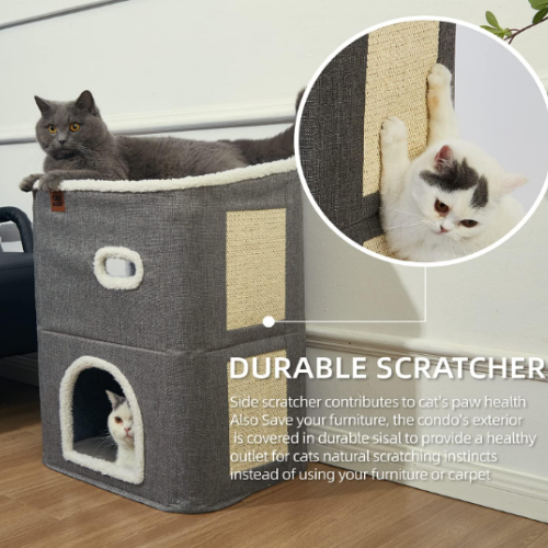 BOUNCY BUD'S -Storey Cat House for Indoor Cats Bed, Covered Cat Beds & Furniture with Scratch Pad and Hideaway Cave, Cute Modern Cat Condo for Multi Small Pet Large Kitten Kitty, Grey