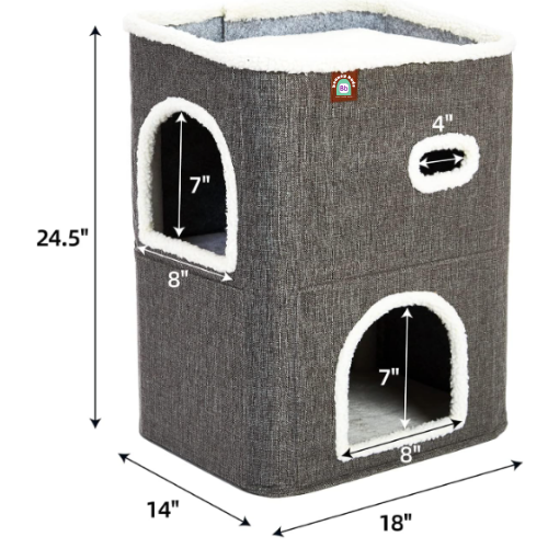 BOUNCY BUD'S -Storey Cat House for Indoor Cats Bed, Covered Cat Beds & Furniture with Scratch Pad and Hideaway Cave, Cute Modern Cat Condo for Multi Small Pet Large Kitten Kitty, Grey