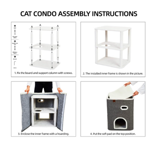 BOUNCY BUD'S -Storey Cat House for Indoor Cats Bed, Covered Cat Beds & Furniture with Scratch Pad and Hideaway Cave, Cute Modern Cat Condo for Multi Small Pet Large Kitten Kitty, Grey