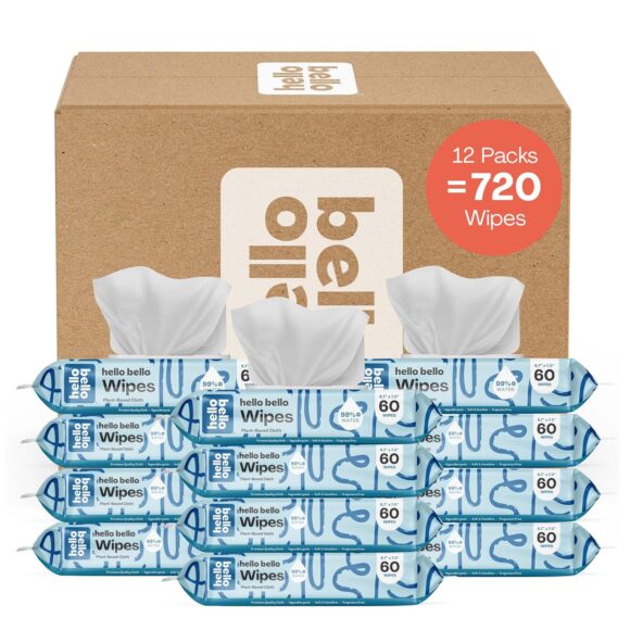 Pack pf 12 Extra Gentle Unscented Baby Wipes, Plant Based, Made with 99% Water and Aloe for Babies and Kids, 720 Count